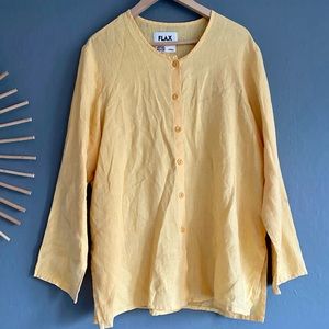 FLAX 100% Linen Yellow Button Front Blouse Lagenlook Top Tunic